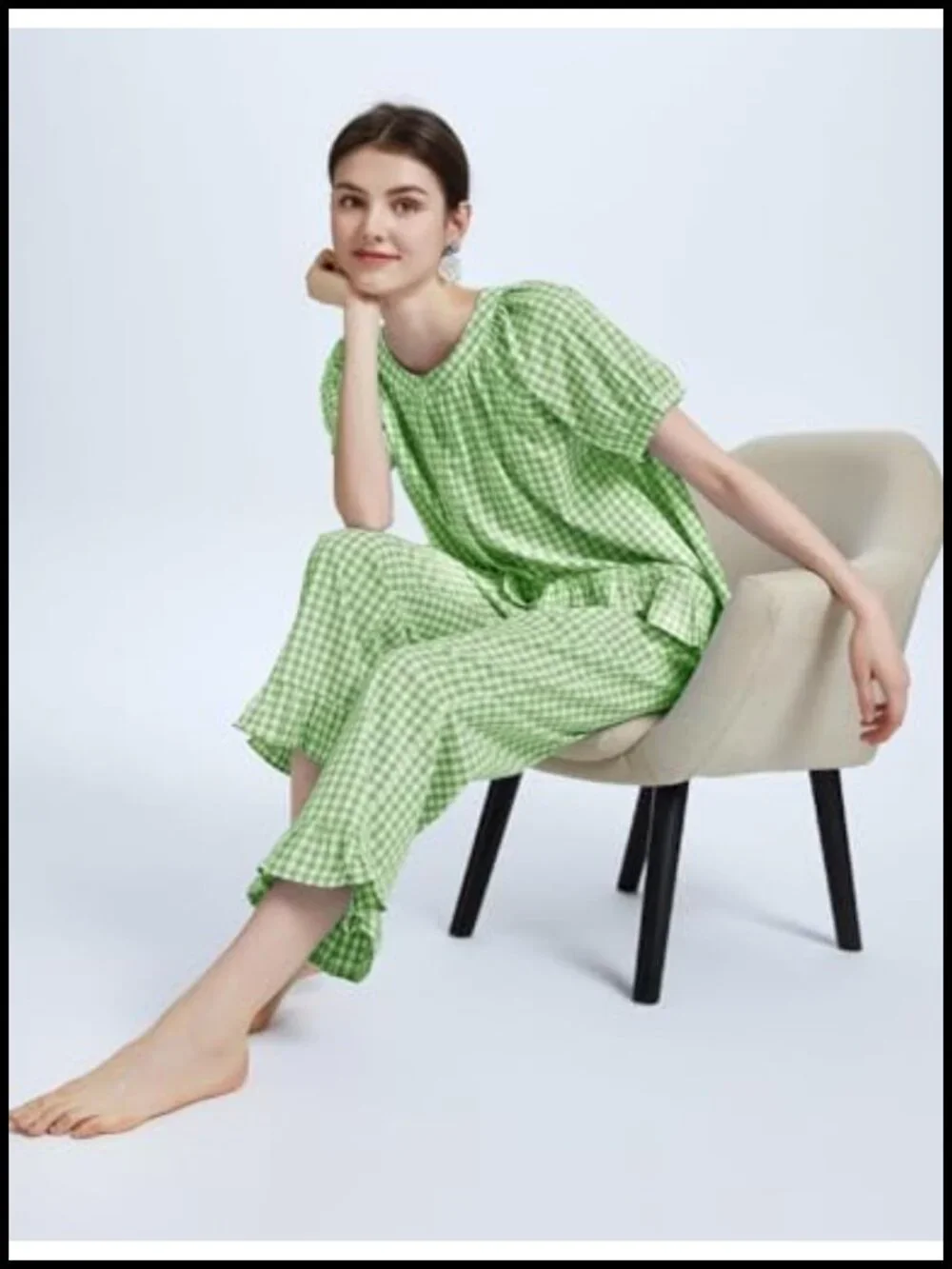 Cotton Gingham Pajama Set Ruffle Babydoll Top Wide Leg Pants Lounge Sleepwear